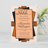 Orange Art Deco Überraschung Party Geburtstag Einladung (Stehend Vorderseite)