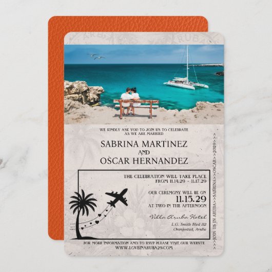 Orange Aruba Passport Hochzeit Einladung (Vorne/Hinten)