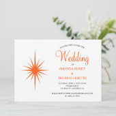 Orange Atomic Sternexplosion Mid Century Wedding Einladung (Stehend Vorderseite)