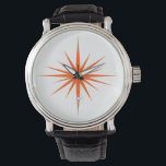 Orange Atomic Sternexplosion Mitte Jahrhundert Mod Armbanduhr<br><div class="desc">Diese moderne Armbanduhr aus der Mitte des Jahrhunderts besticht durch eine kühne orangefarbene Sternexplosion.</div>