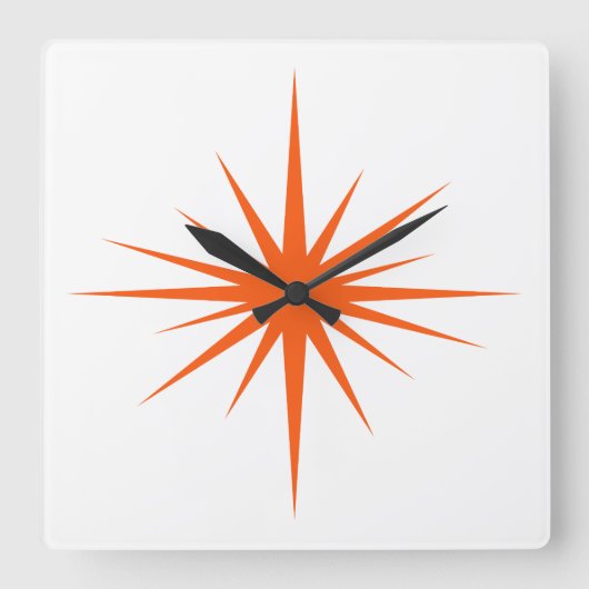 Orange Atomic Sternexplosion Mitte Jahrhundert Mod Quadratische Wanduhr (Vorderseite)