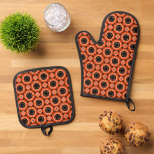 Orange Autumn Blume Ofenhandschuh & Topflappen-Set