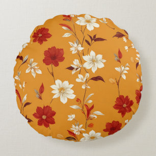 Orange Autumn Boho Vintages Blumenmuster Rundes Kissen