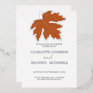 Orange Autumn Maple Leaf Wedding Silver Folieneinladung