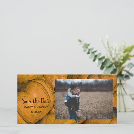 Orange Autumn Pumpkin Wedding Save the Date Foto (Stehend Vorderseite)