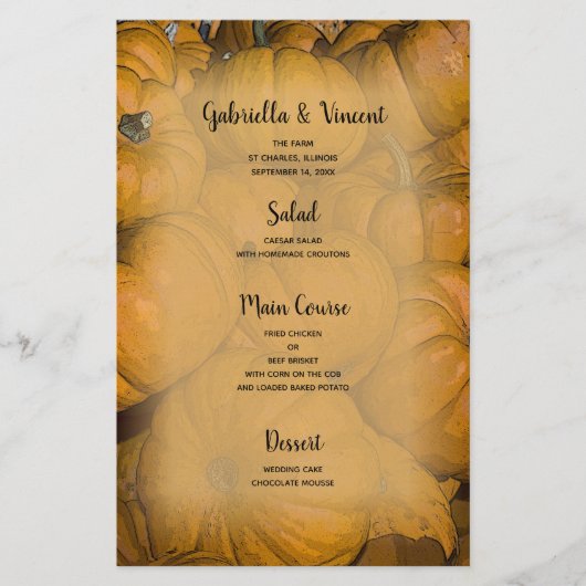 Orange Autumn Pumpkins Wedding Menu (Vorderseite)