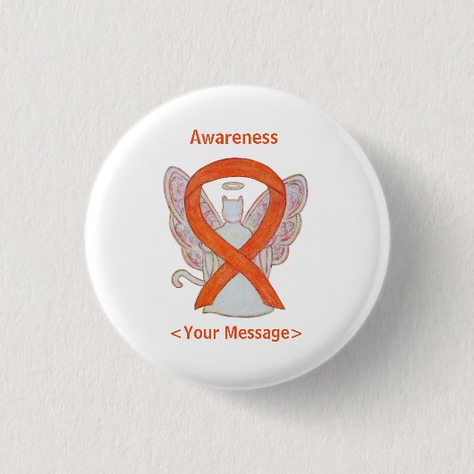 Orange Awareness Ribbon Cat Angel Custom Button (Vorderseite)