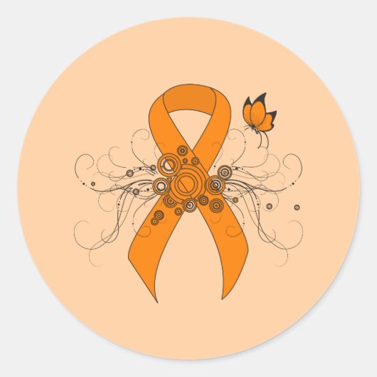 Orange Awareness Ribbon mit Butterfly Runder Aufkleber (Vorderseite)