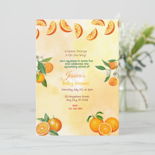 Orange Baby Dusche Einladung (Stehend Vorderseite)