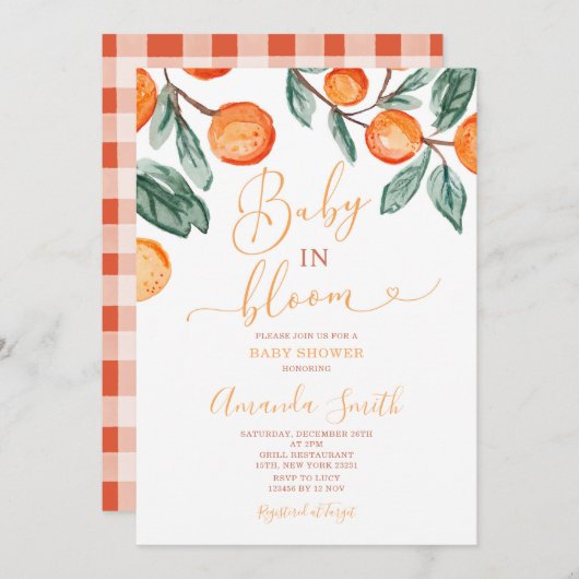 Orange Baby in Blüte Summer Baby Dusche Einladung (Vorne/Hinten)