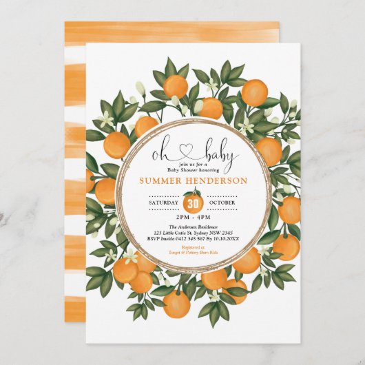Orange Baby Shower Summer Citrus Boho Greenery Einladung (Vorne/Hinten)