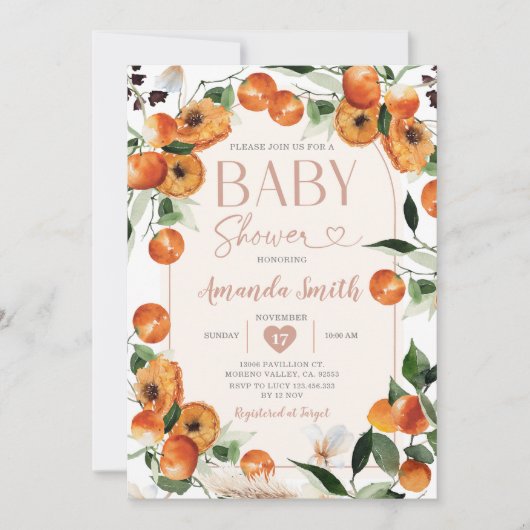 Orange Baby Shower Summer Tropical Citrus Frucht Einladung (Vorderseite)
