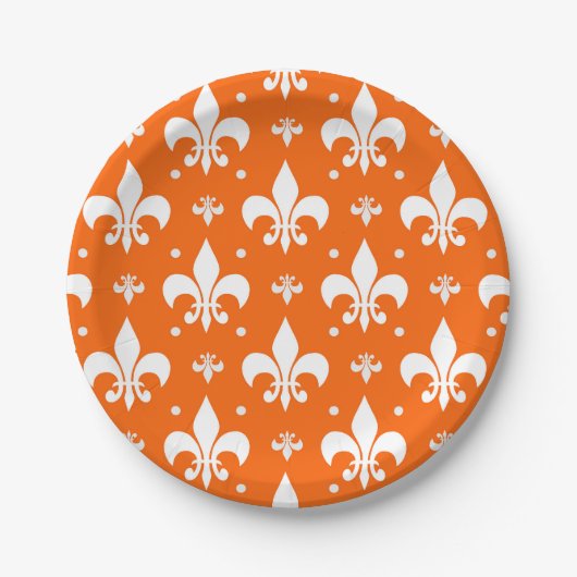 Orange Background Fleur-de-lis Muster Design Pappteller (Vorderseite)