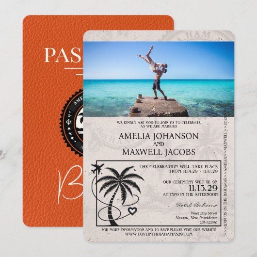 Orange Bahamas Passport Wedding Einladung (Vorne/Hinten)