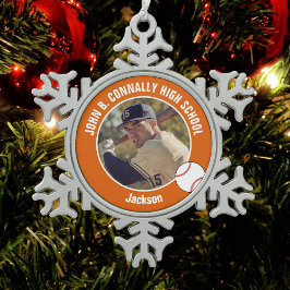 Orange Baseball Player Photo High School Schneeflocken Zinn-Ornament