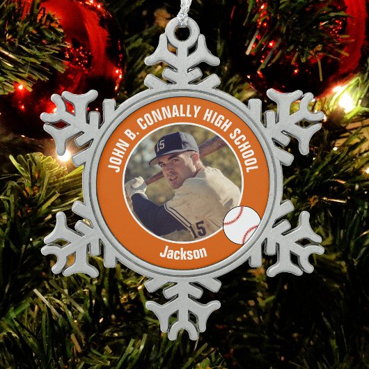 Orange Baseball Player Photo High School Schneeflocken Zinn-Ornament