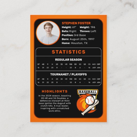 Orange Baseball Trading Card Geschenk Baseball Pla Telefonnummerkarte (Rückseite)
