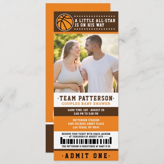 Orange Basketball Ticket Pärchen Kinderdusche Foto Einladung (Vorne/Hinten)