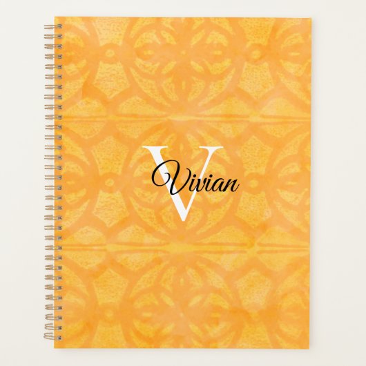Orange Batik Elegant Monogram Name Planner Planer (Vorderseite)