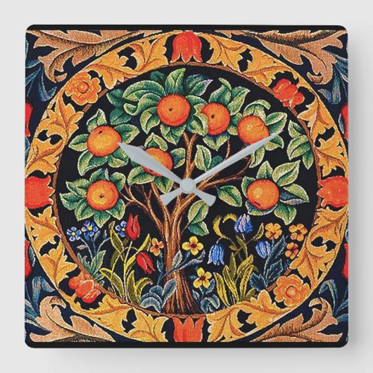 ORANGE BAUM MIT GRÜNEN BLÄTTER, BLUME QUADRATISCHE WANDUHR (Vorderseite)