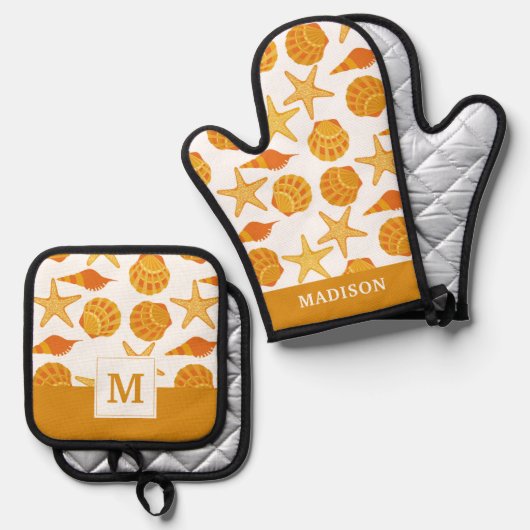 Orange Beach Muschel Pattern Ofenhandschuh & Topflappen-Set (Vorderseite/Rückseite)
