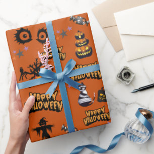 Orange Beängstigend Halloween Eyes Pumpkin Cat Geschenkpapier
