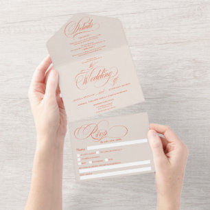 Orange beige elegante Schrift Kalligrafie Hochzeit All In One Einladung