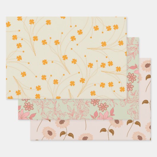 Orange Beige Retro Y2K 70er Blume Muster Geschenkpapier Set (Set)