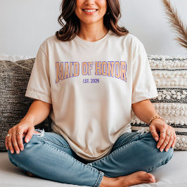 Orange + Beige Stripe Navy MAID OF HONOR  T-Shirt