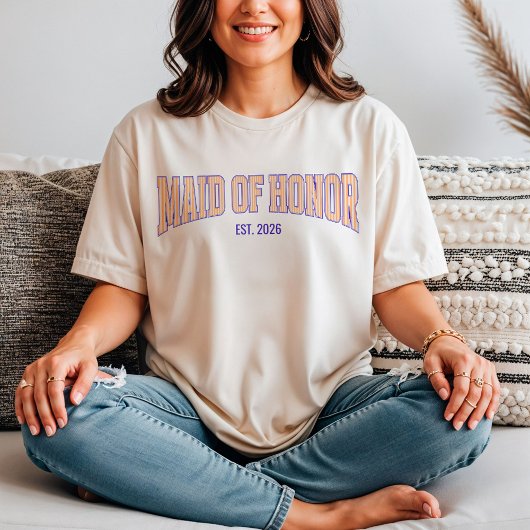 Orange + Beige Stripe Navy MAID OF HONOR  T-Shirt
