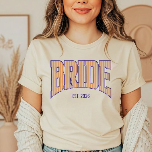 Orange + Beige Stripe Navy Varsity BRIDE T-Shirt