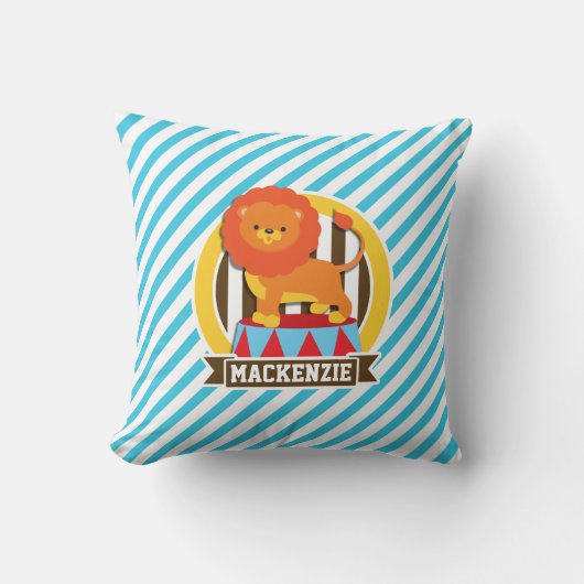 Orange Big Top Circus Lion; Blaue und weiße Streif Kissen (Vorderseite)