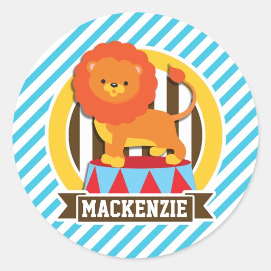 Orange Big Top Circus Lion; Blaue und weiße Streif Runder Aufkleber (Vorderseite)