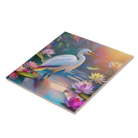 Orange Billed White Heron Fantasy Bird Fliese (Seite)