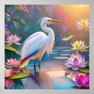 Orange Billed White Heron Fantasy Bird Poster
