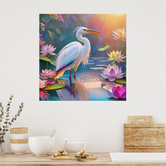 Orange Billed White Heron Fantasy Bird Poster (Küche)