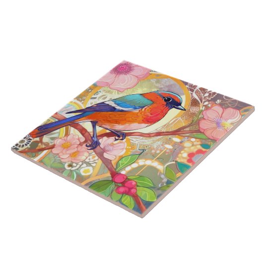 Orange Bird Girly Pink Spring Blume Fliese (Seite)