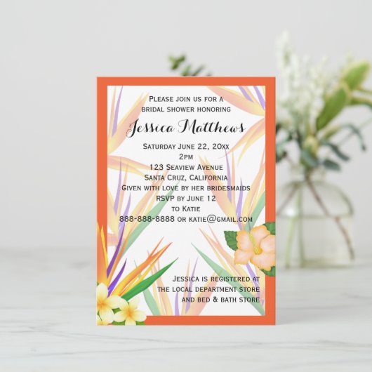 Orange Bird of Paradise Brautparty Hochzeit Einladung (Stehend Vorderseite)