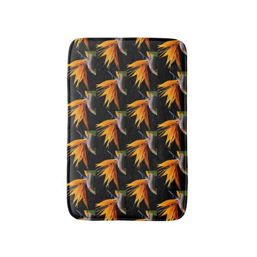 Orange Bird of Paradise Pflanze Pattern auf Schwar Badematte (Vorderseite Vertikal)