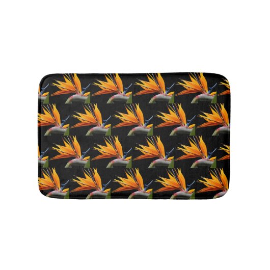 Orange Bird of Paradise Pflanze Pattern auf Schwar Badematte (Vorderseite)
