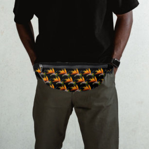 Orange Bird of Paradise Pflanze Pattern auf Schwar Bauchtasche