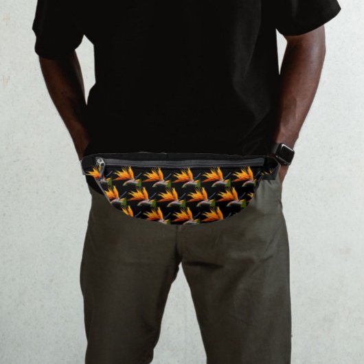 Orange Bird of Paradise Pflanze Pattern auf Schwar Bauchtasche