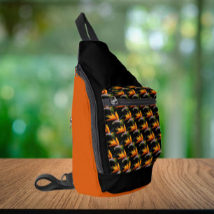 Orange Bird of Paradise Pflanze Pattern auf Schwar Crossbody Bag