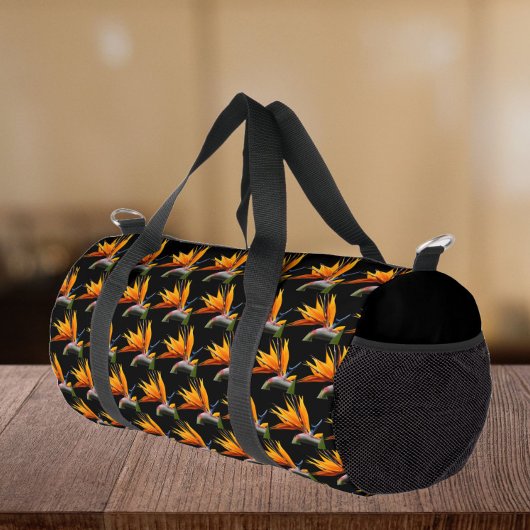 Orange Bird of Paradise Pflanze Pattern auf Schwar Duffle Bag