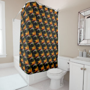 Orange Bird of Paradise Pflanze Pattern auf Schwar Duschvorhang