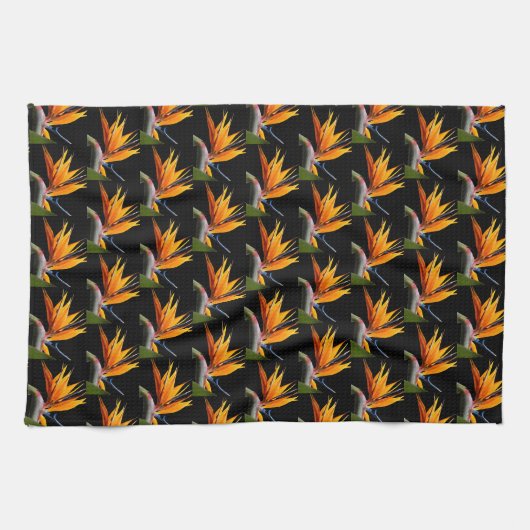 Orange Bird of Paradise Pflanze Pattern auf Schwar Geschirrtuch (Horizontal)