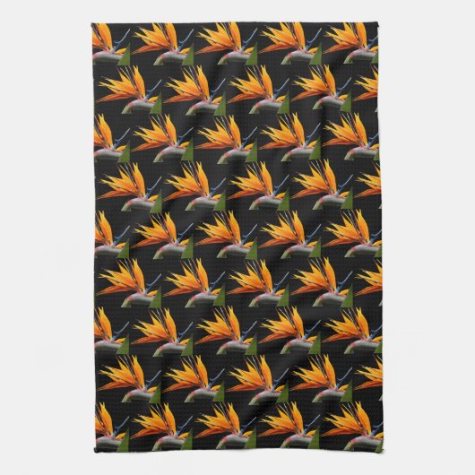 Orange Bird of Paradise Pflanze Pattern auf Schwar Geschirrtuch (Vertikal)