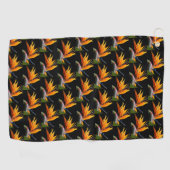 Orange Bird of Paradise Pflanze Pattern auf Schwar Golfhandtuch (Horizontal)