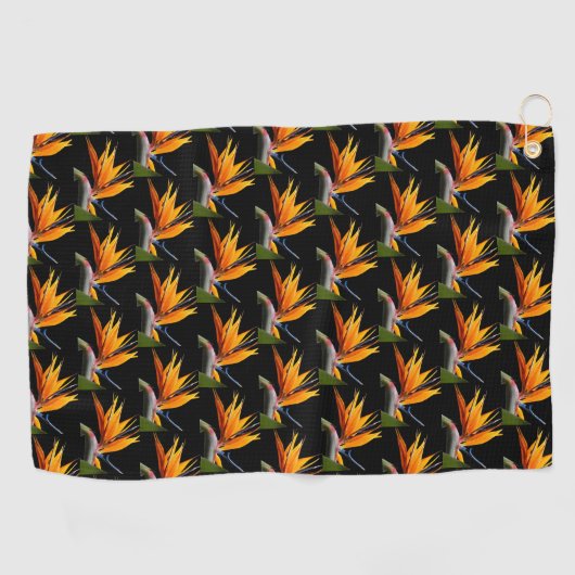 Orange Bird of Paradise Pflanze Pattern auf Schwar Golfhandtuch (Horizontal)