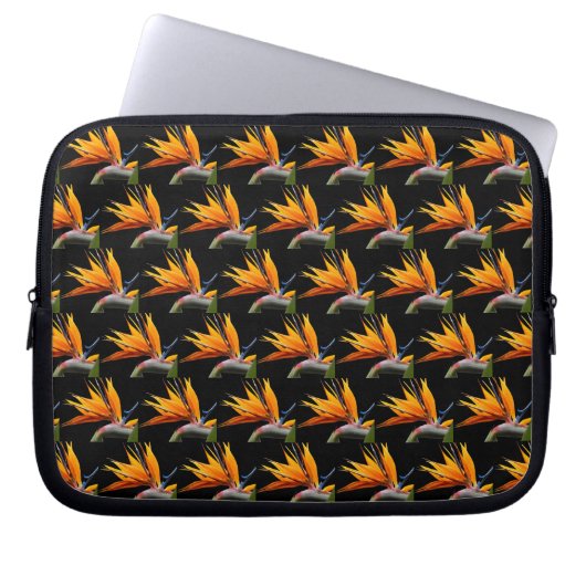 Orange Bird of Paradise Pflanze Pattern auf Schwar Laptopschutzhülle (Vorderseite)